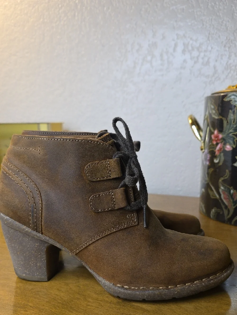 Clarks Brown Suede Lace-Up Ankle Booties with Stacked Heel